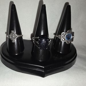 Vintage-Style Silver Ring Set with Blue Gemstone Accents Size 7